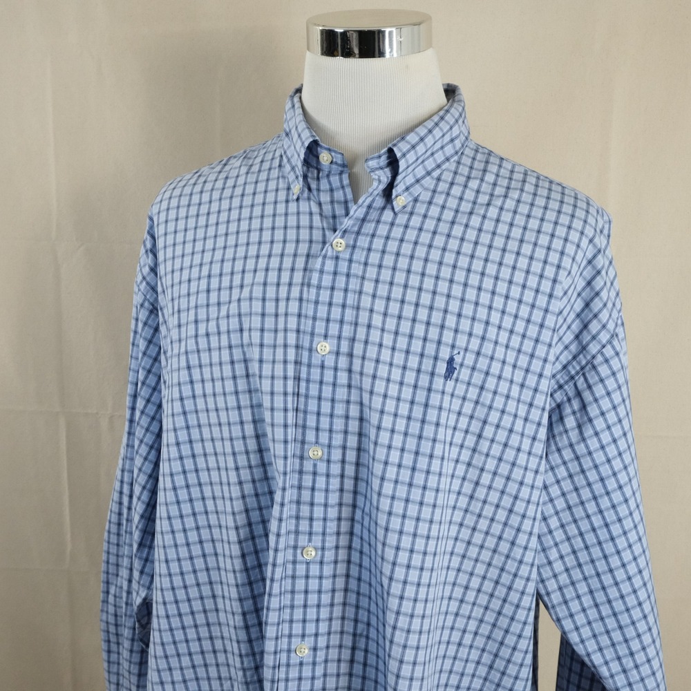 Polo Ralph Lauren XXL Blake Button Down Shirt Blue White Plaid 100% Cotton Mens
